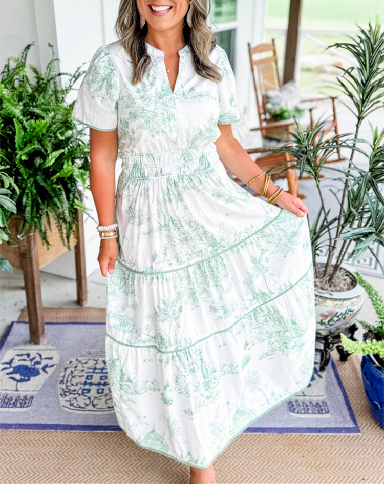 Margot | Robe longue classique en toile de Jouy