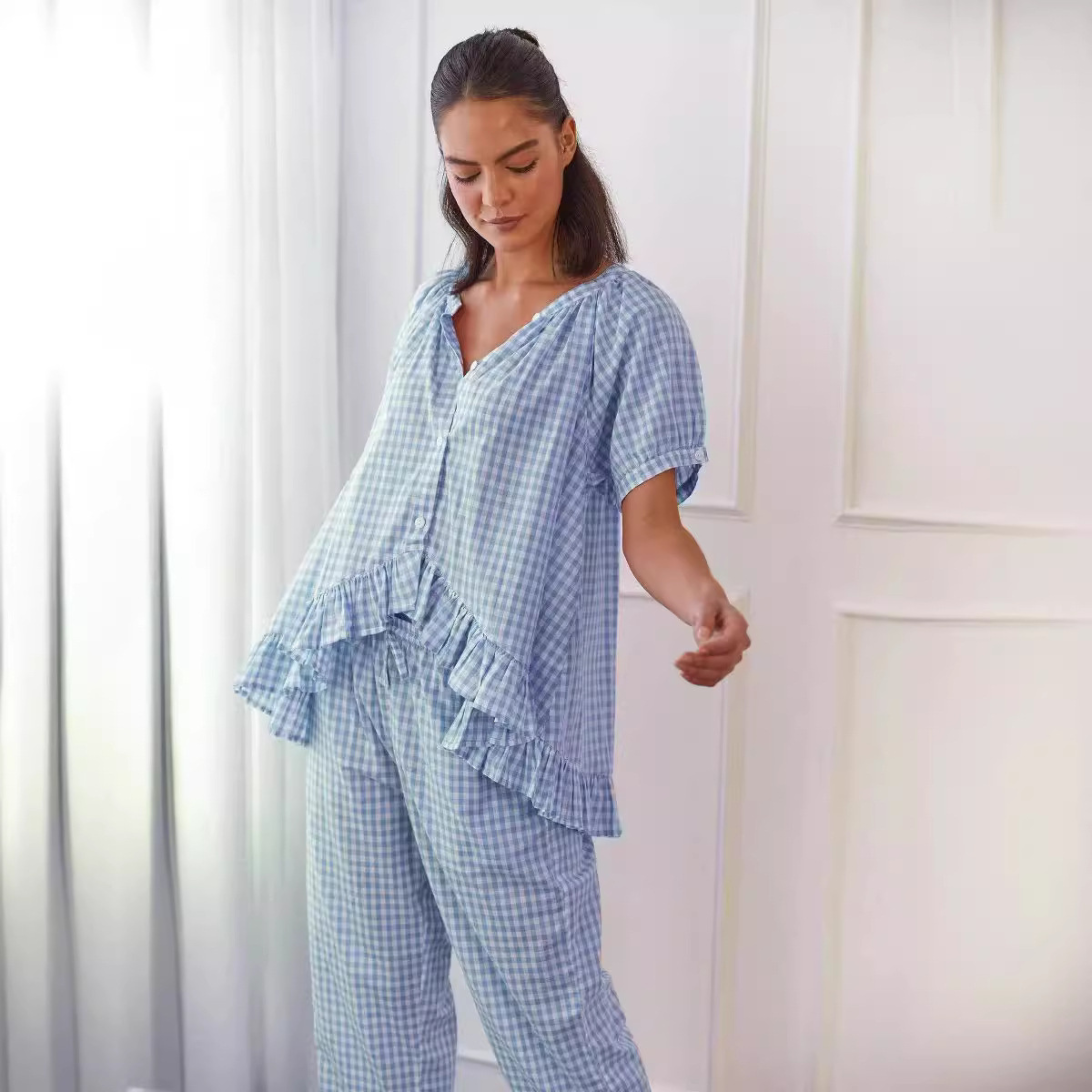 NEVERLAND™ - Ensemble haut à manches bouffantes et pantalon à carreaux décontracté