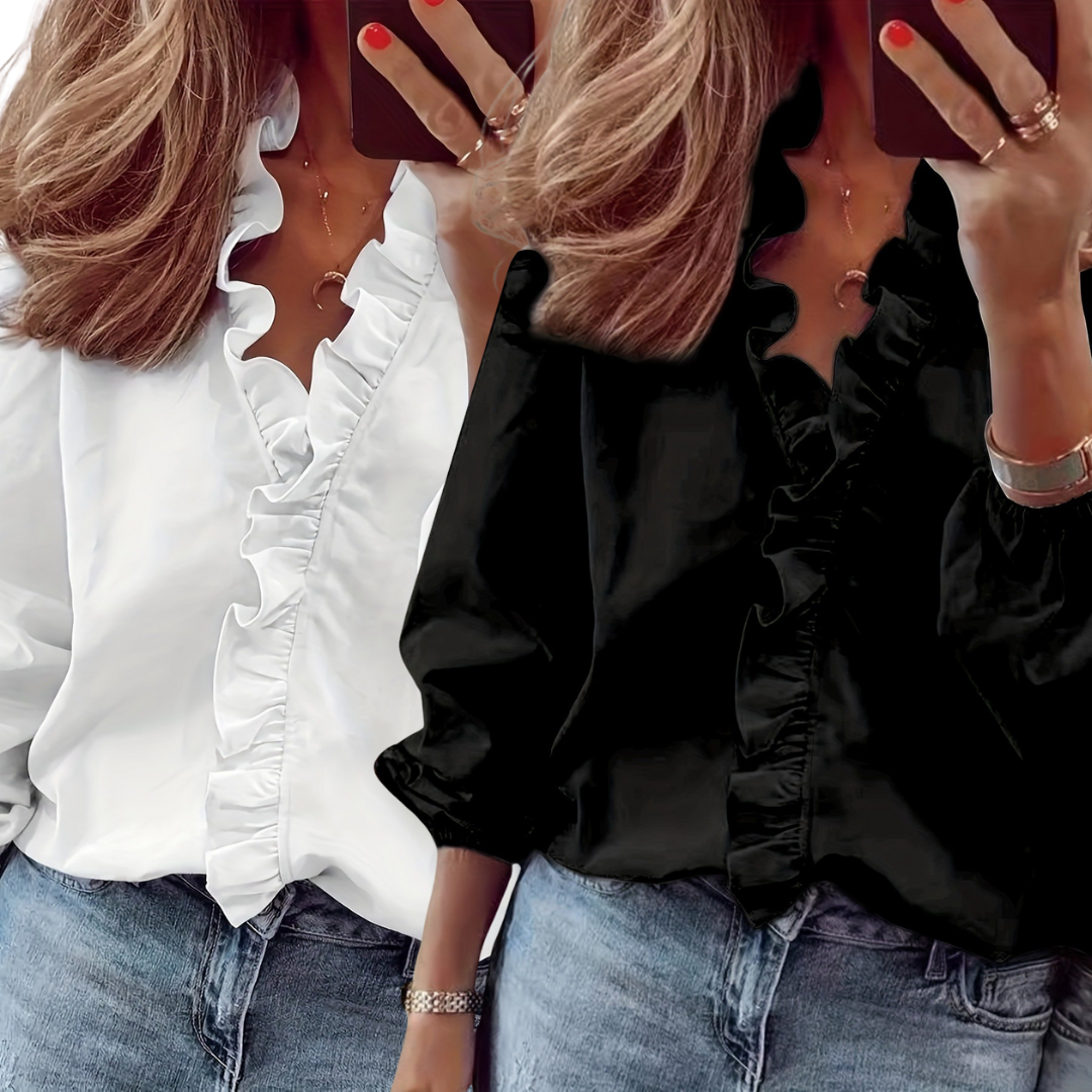LORELEI™ - Blouse intemporelle à col en V avec volants pour une élégance décontractée
