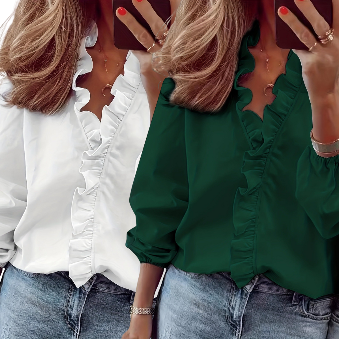 LORELEI™ - Blouse intemporelle à col en V avec volants pour une élégance décontractée