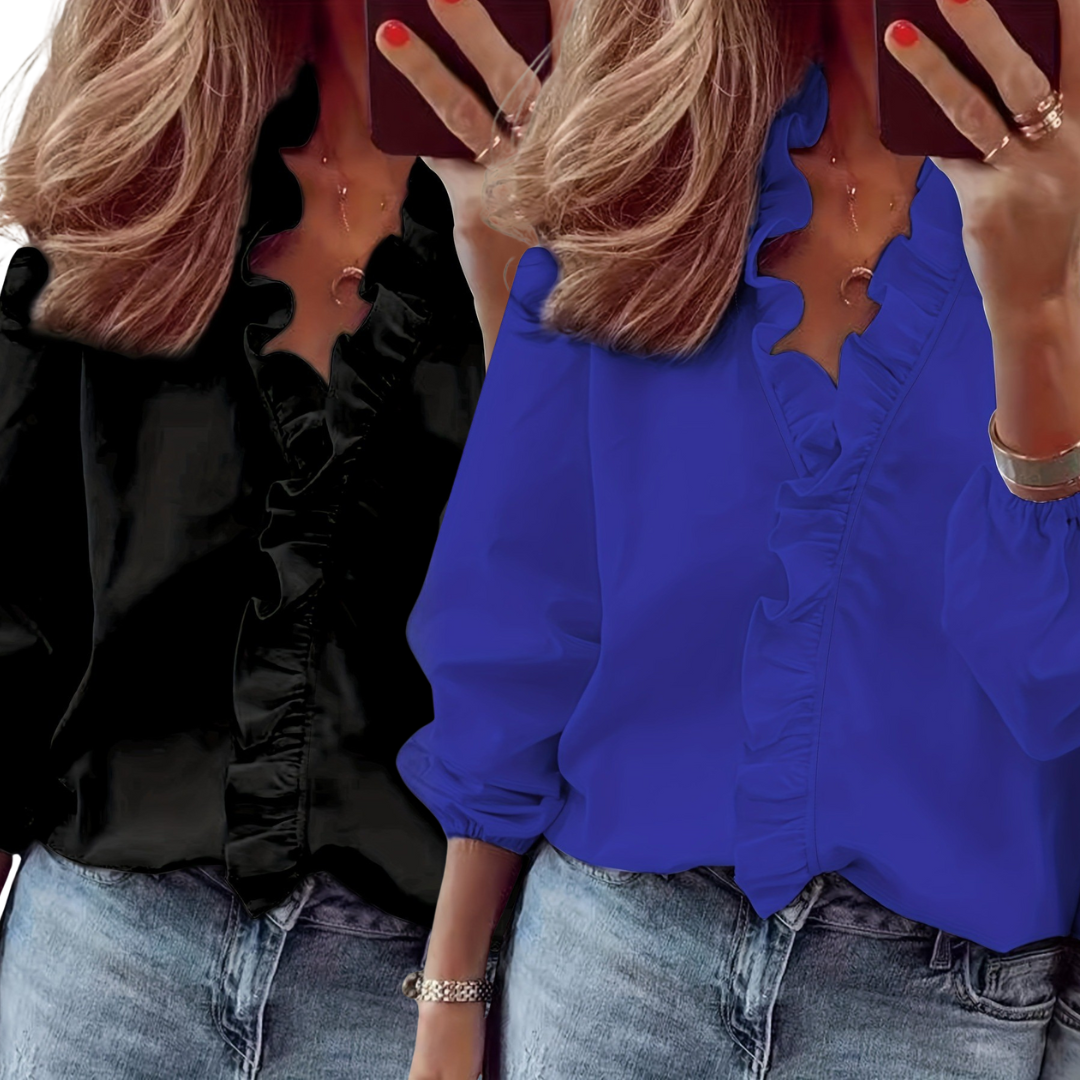LORELEI™ - Blouse intemporelle à col en V avec volants pour une élégance décontractée