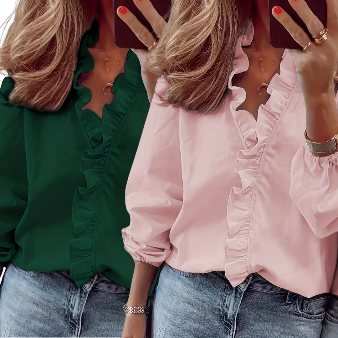 LORELEI™ - Blouse intemporelle à col en V avec volants pour une élégance décontractée