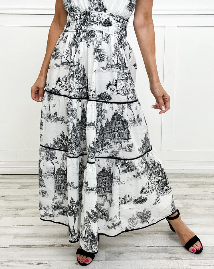 Margot | Robe longue classique en toile de Jouy