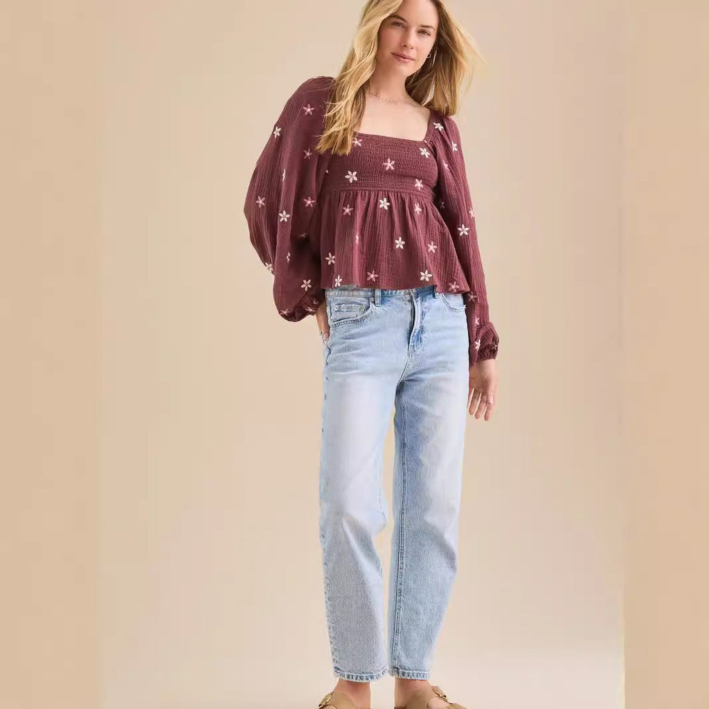 SILA™ - Comfy Floral Pleated Long Sleeve Top