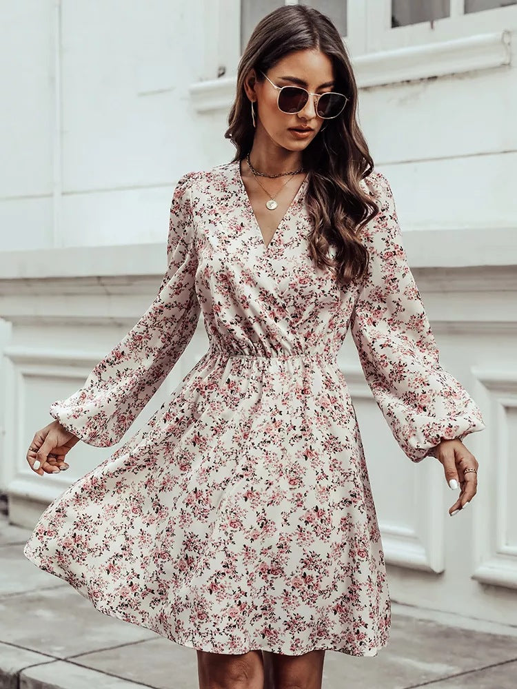 QITI™ - Robe Courte Col V Manches Longues et Imprimé Floral Chic