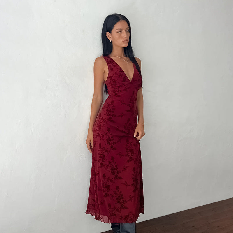 LARA™ - Robe longue sans manches à col en V et imprimé floral élégant