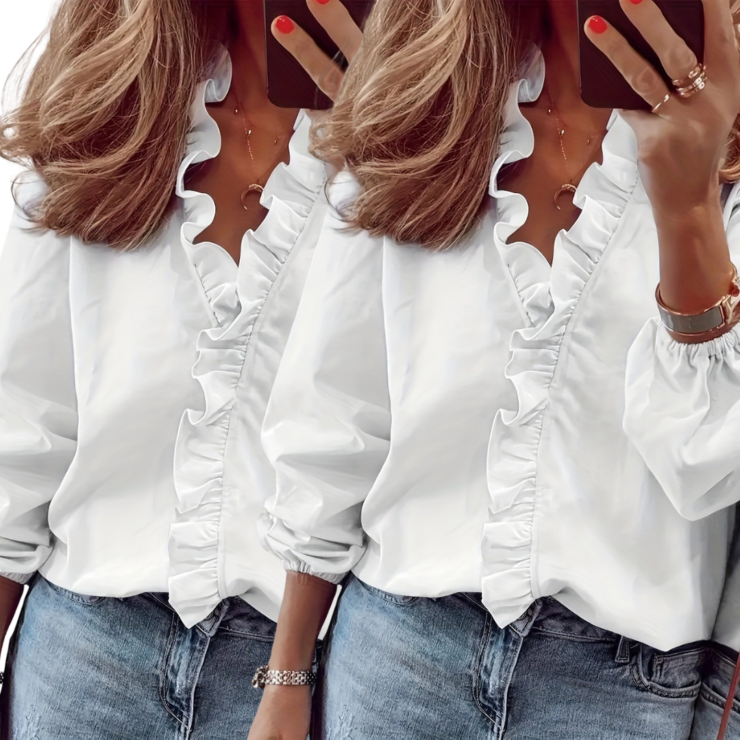LORELEI™ - Blouse intemporelle à col en V avec volants pour une élégance décontractée